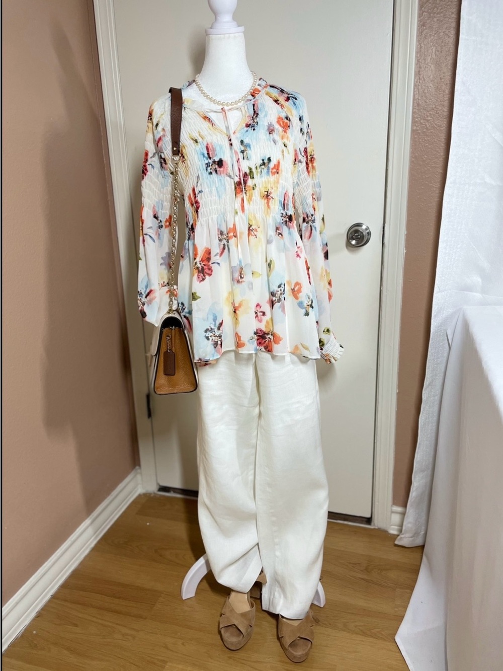 Rose + Olive Floral Smocked Blouse Size L Long Sleeve V-Neck Boho Peasant Tunic